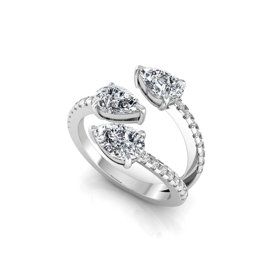 OctaPearl Pear Three Stone Open Gap Lab Grown Diamond Bypass Pave Ring