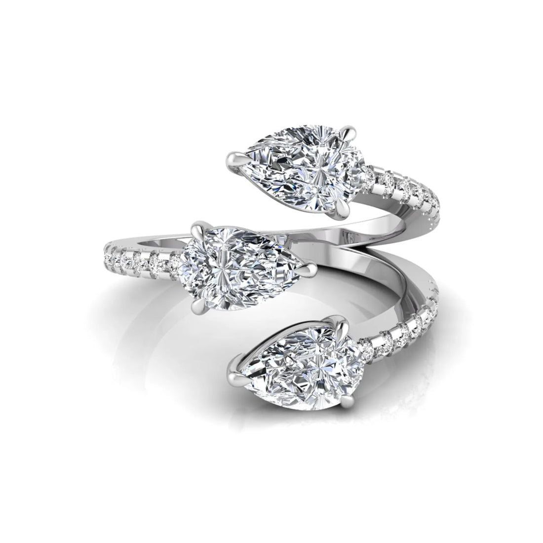 OctaPearl Pear Three Stone Open Gap Lab Grown Diamond Bypass Pave Ring
