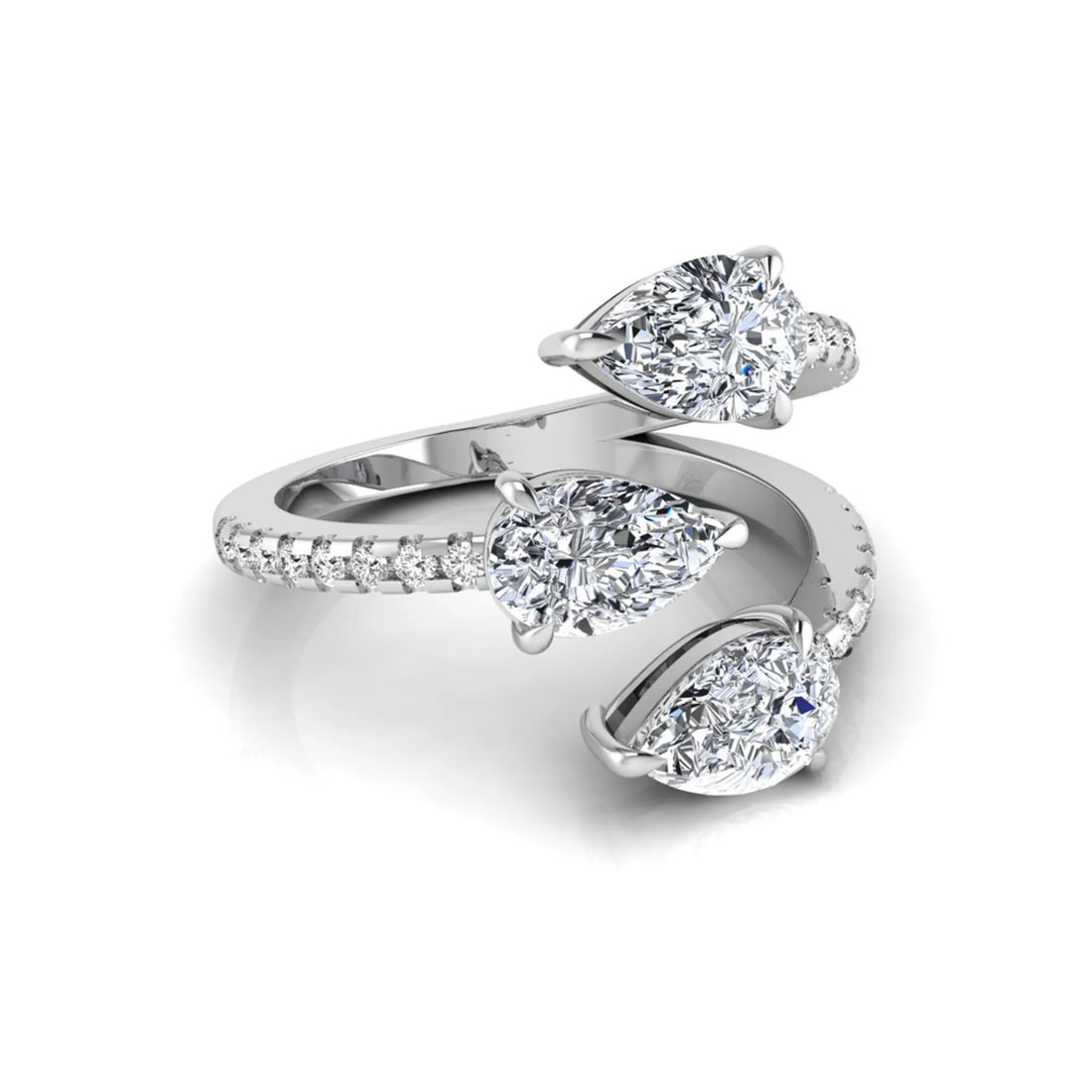 OctaPearl Pear Three Stone Open Gap Lab Grown Diamond Bypass Pave Ring