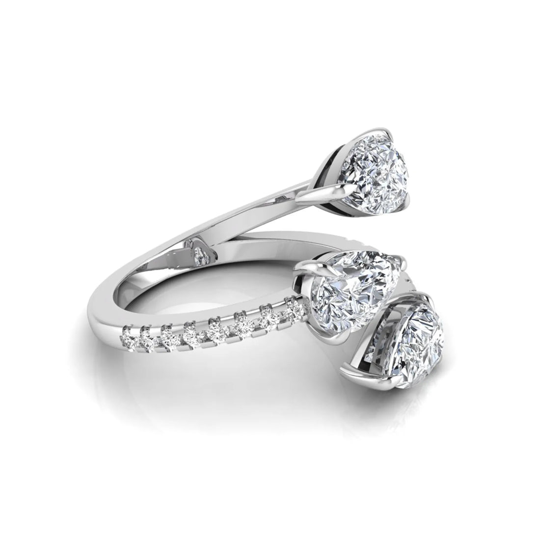 OctaPearl Pear Three Stone Open Gap Lab Grown Diamond Bypass Pave Ring