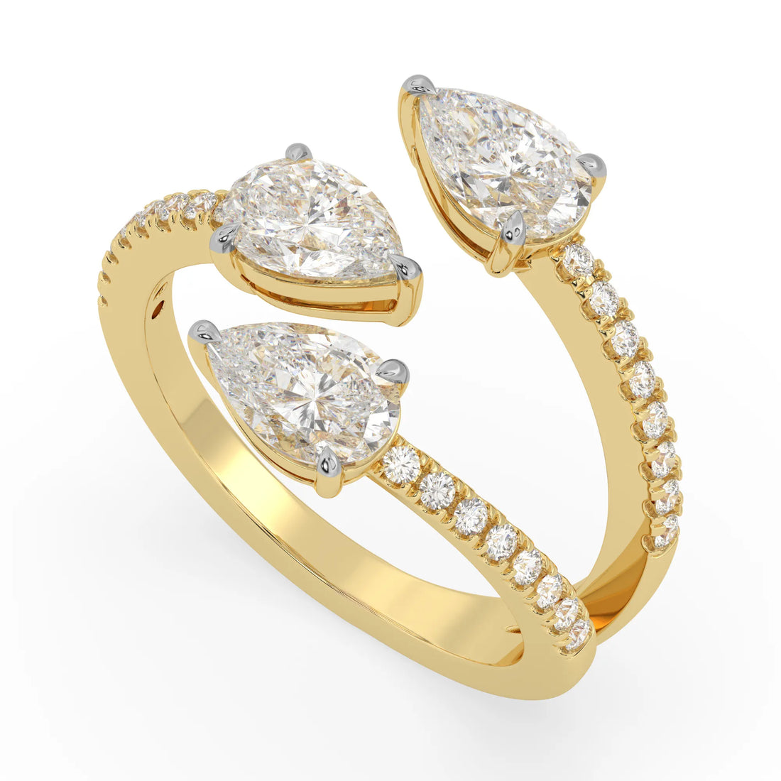 OctaPearl Pear Three Stone Open Gap Lab Grown Diamond Bypass Pave Ring