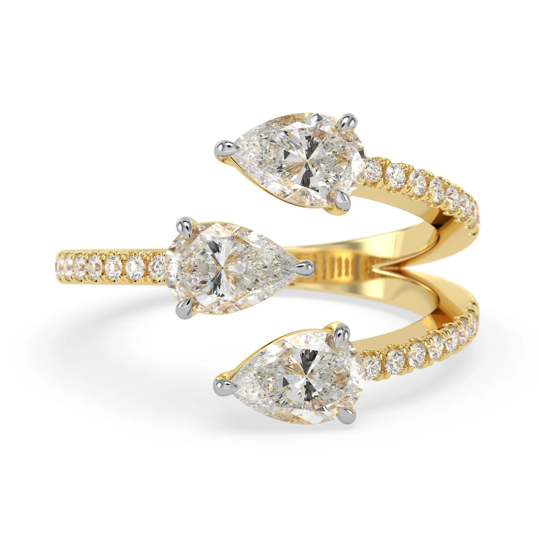 OctaPearl Pear Three Stone Open Gap Lab Grown Diamond Bypass Pave Ring