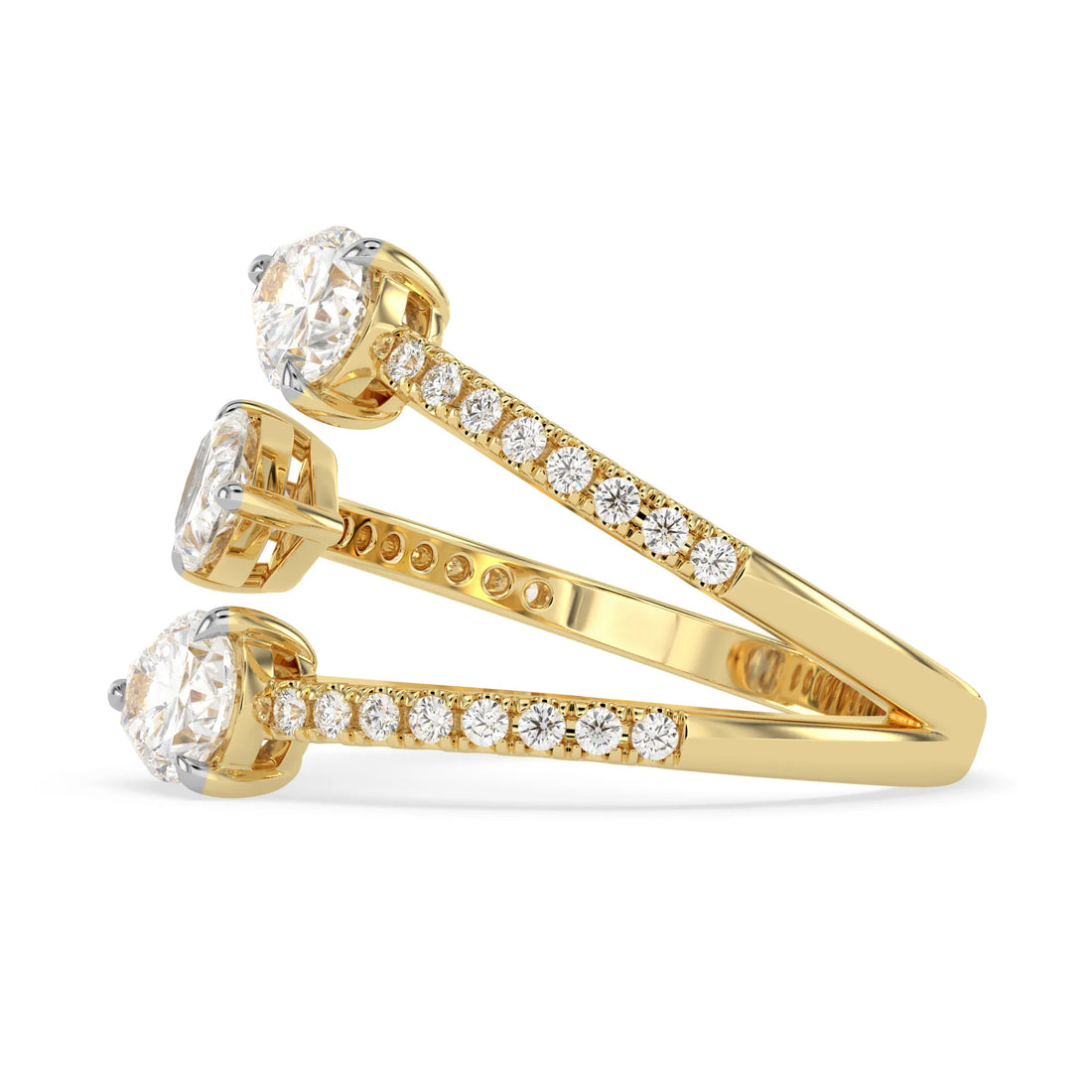 OctaPearl Pear Three Stone Open Gap Lab Grown Diamond Bypass Pave Ring