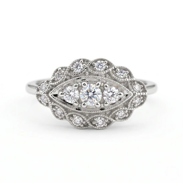Vintage Marquise Frame Moissanite Ring | Antique Milgrain Engagement Ring