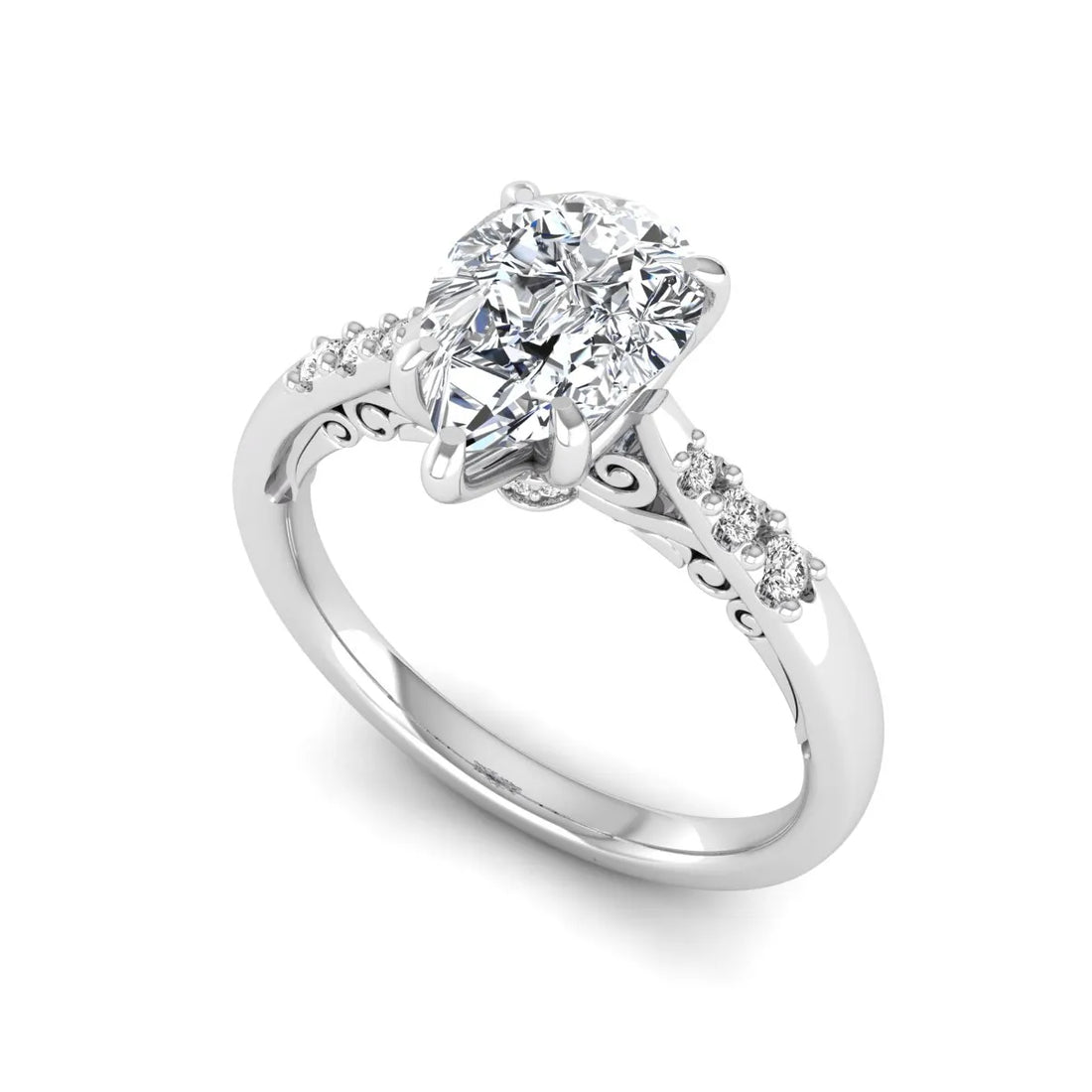 OctaPearl 2 ct Vintage Pear Cut Lab Grown Diamond Engagement Ring with Scroll Gallery