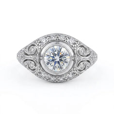 Vintage Round Cut Moissanite Bezel Ring with Milgrain Halo Design