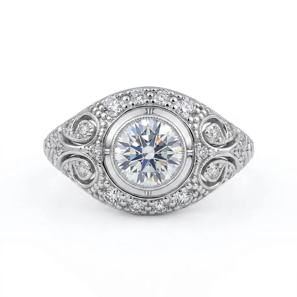 Vintage Round Cut Moissanite Bezel Ring with Milgrain Halo Design