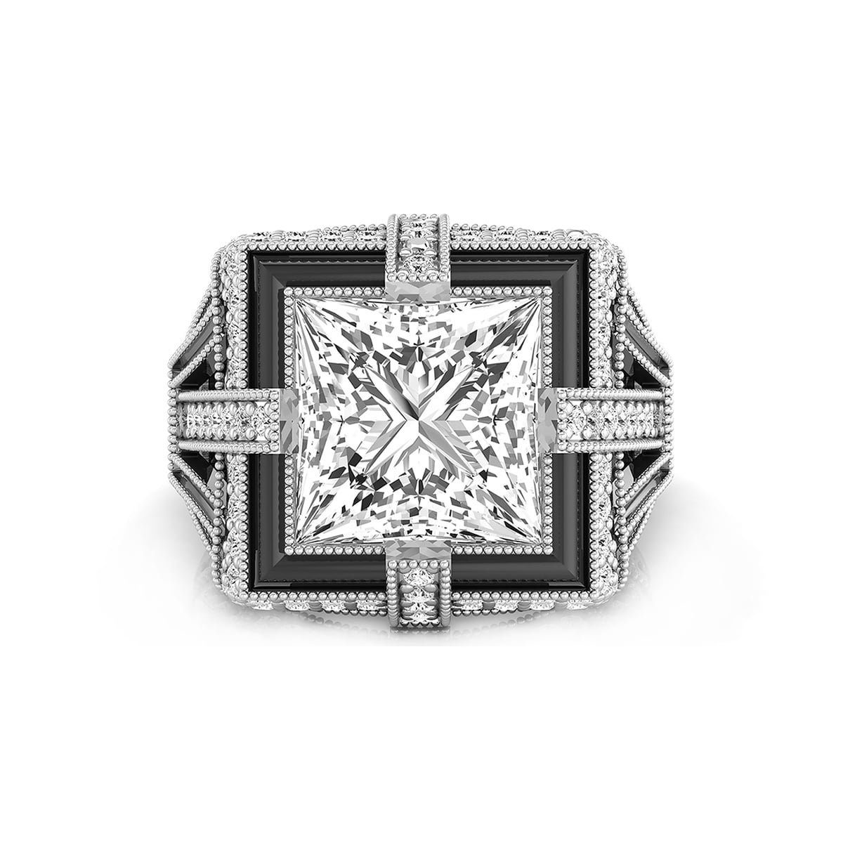 Princess Cut CZ Stone Art Deco Black Enamel Vintage Look Ring For Women