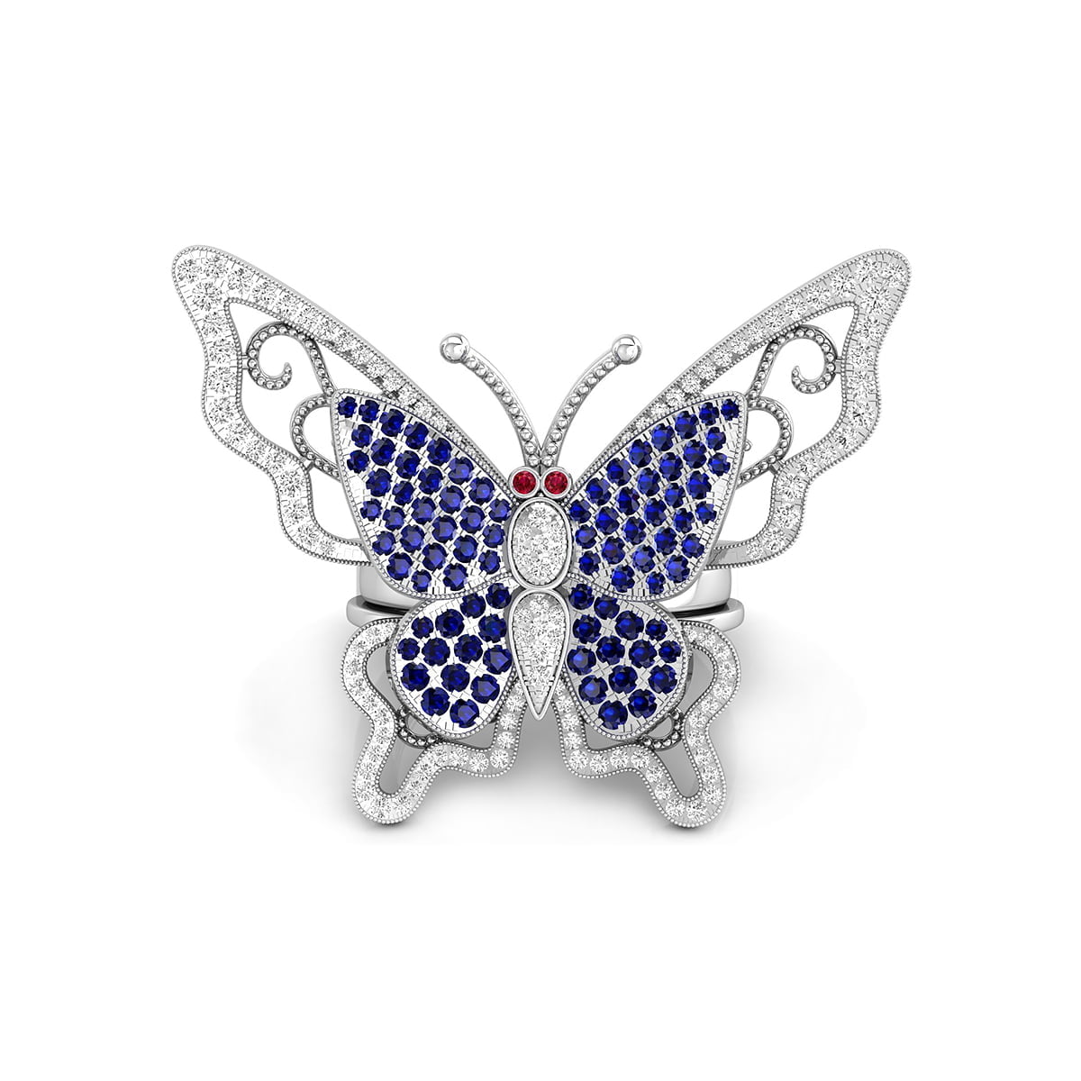 Blue & Red Round Cut CZ Stone Butterfly Inspire Cocktail Enhancer Party Wear Ring Set (2 4/9 TCW)