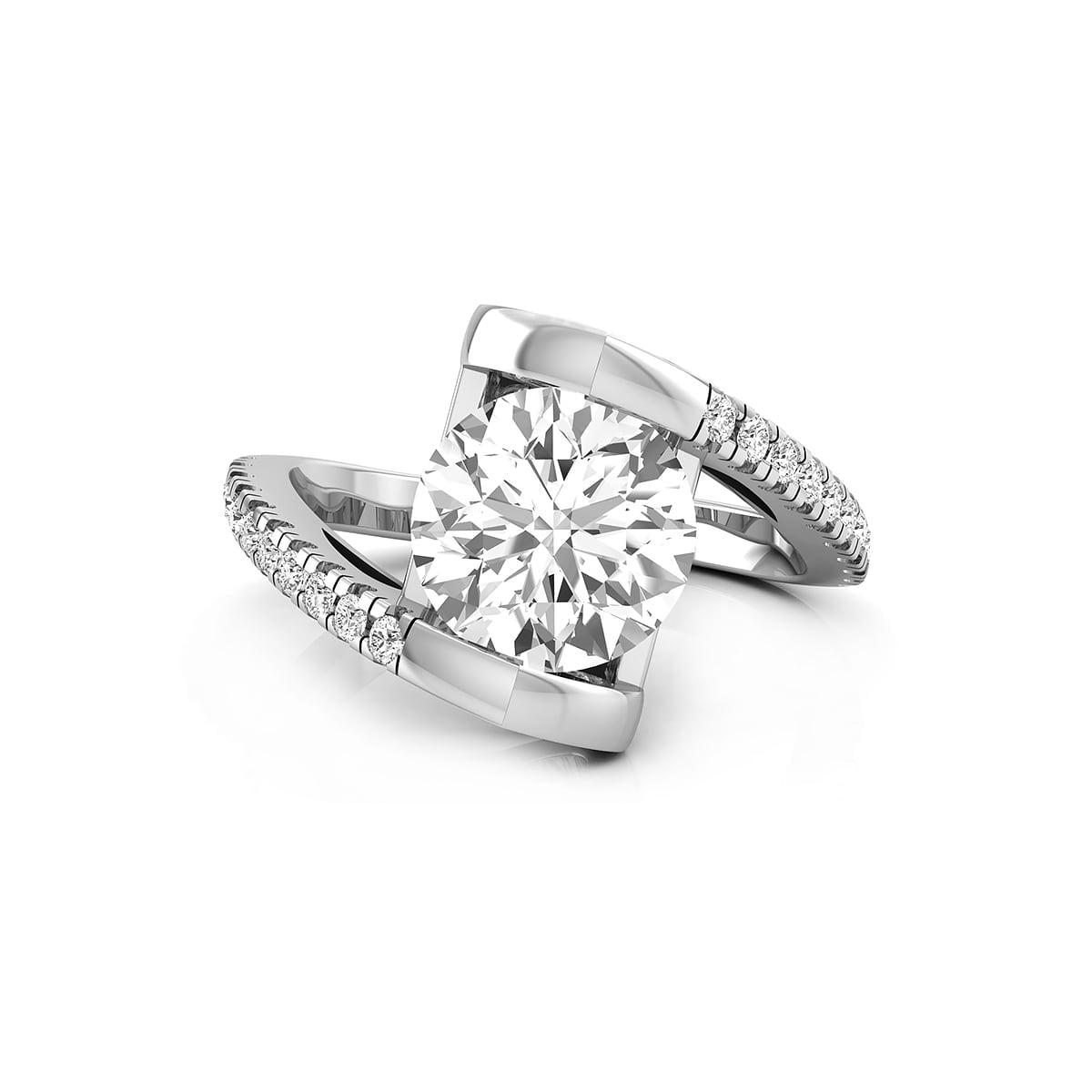 Round Cut Moissanite Solitaire With Accent Bypass Shank Tension Set Ring (2 1/4 TCW)