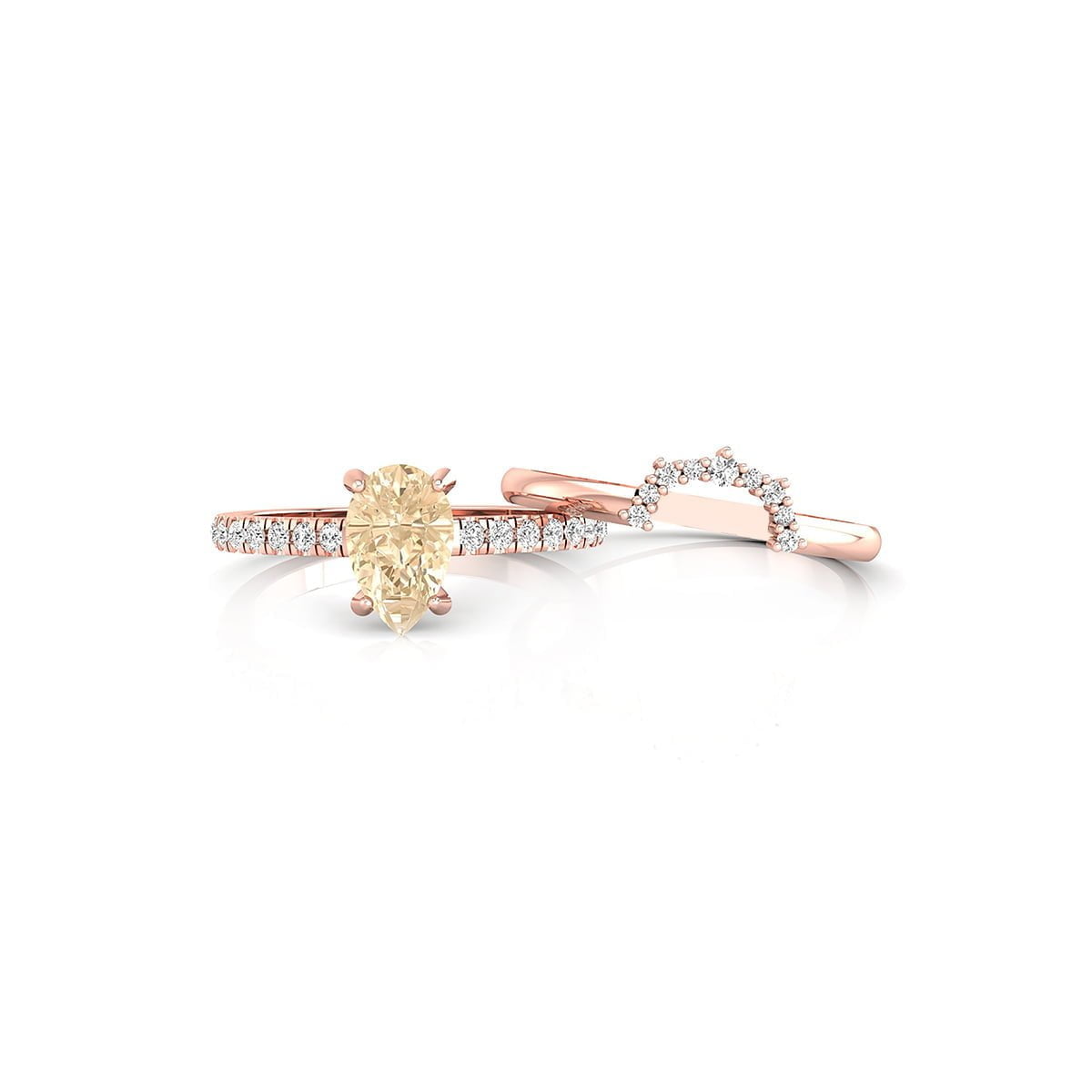 Light Brown Pear And Round Cut CZ Curved Wedding Bridal Ring Set