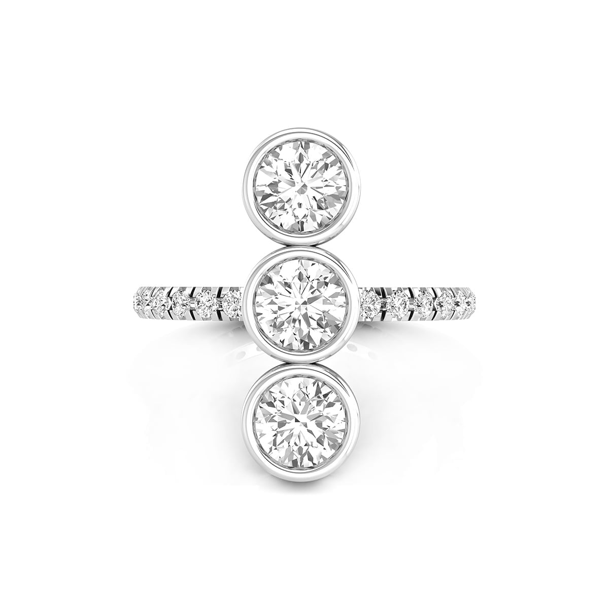 Classic Round Cut Moissanite Three Stone Bezel Set With Accent Stone Ring (2 1/20 TCW)