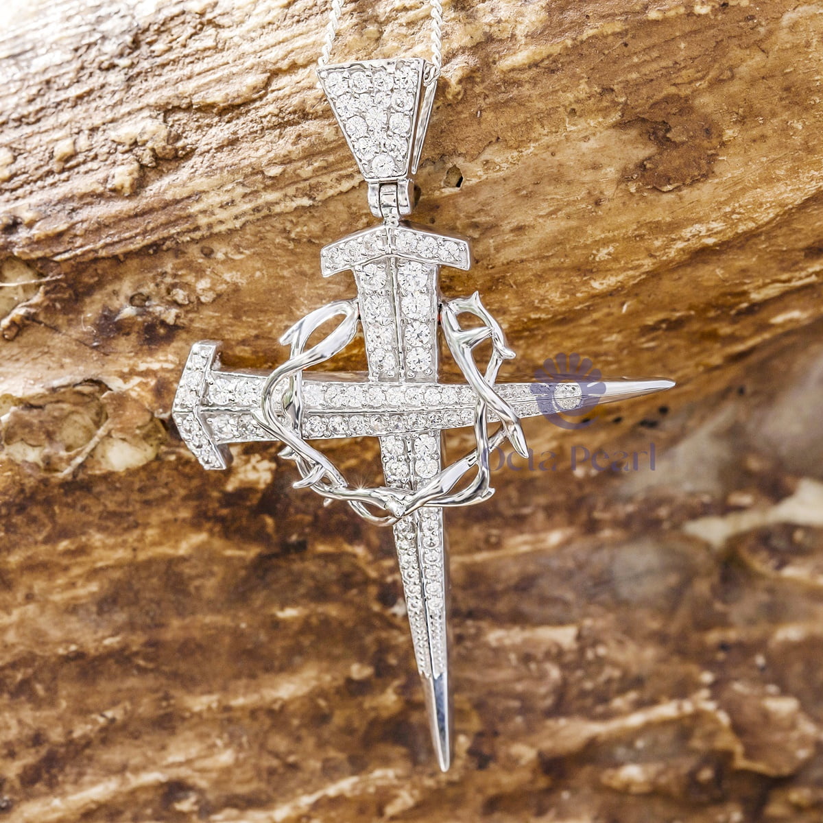 Round Cut Moissanite Dagger Nail Cross Crown Of Thorns Handmade Pendant For Men