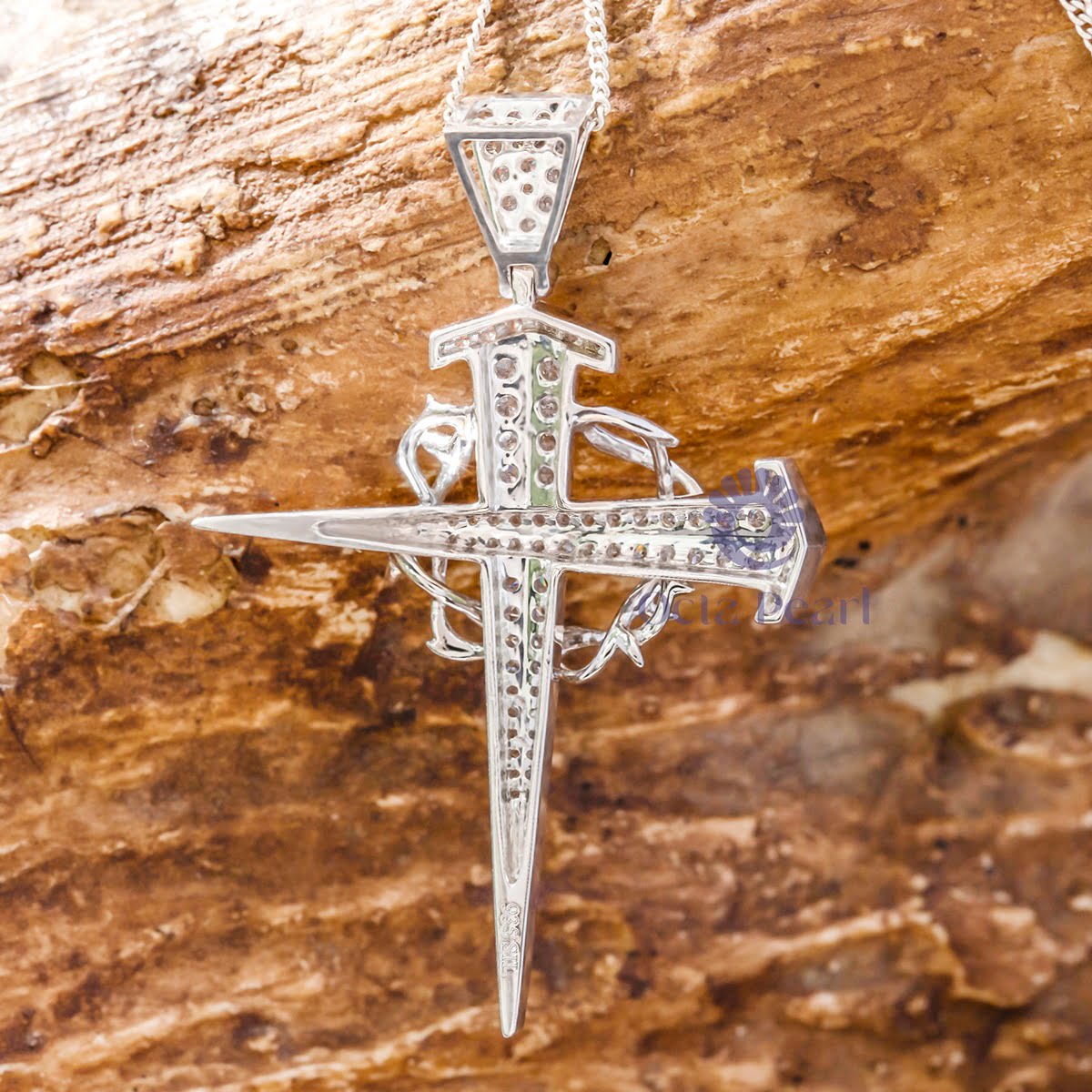 Round Cut Moissanite Dagger Nail Cross Crown Of Thorns Handmade Pendant For Men
