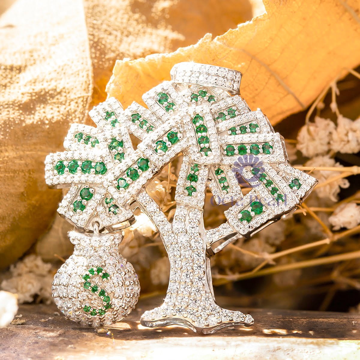Green & White Round Cut CZ Stone "Dollar Money Bag Growing Tree" Handmade Charm Pendant For Men & Women (3 1/6 TCW)