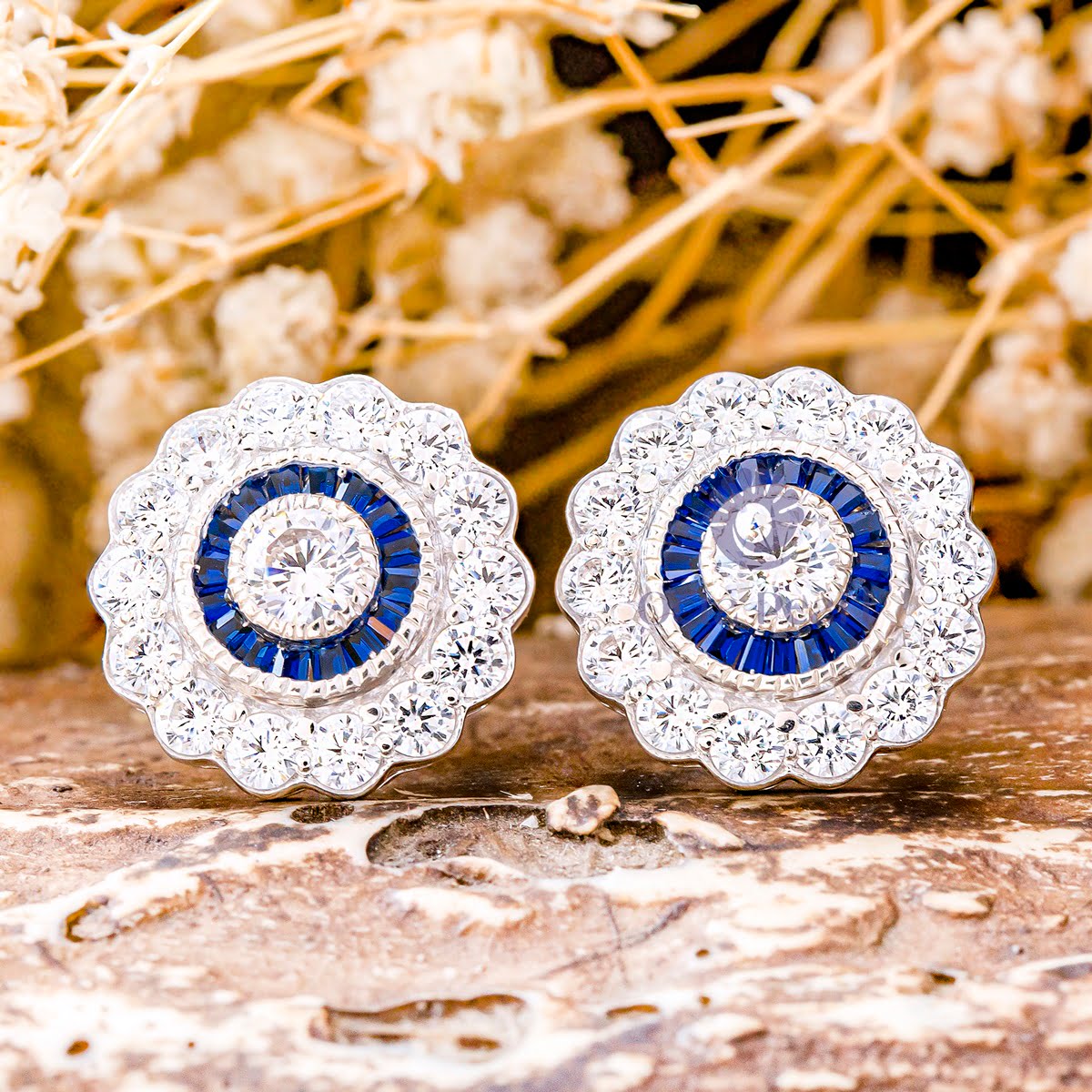 Round Cut CZ Stone Floral Inspire Halo Set Push Back Stud Vintage Look Earring For Women