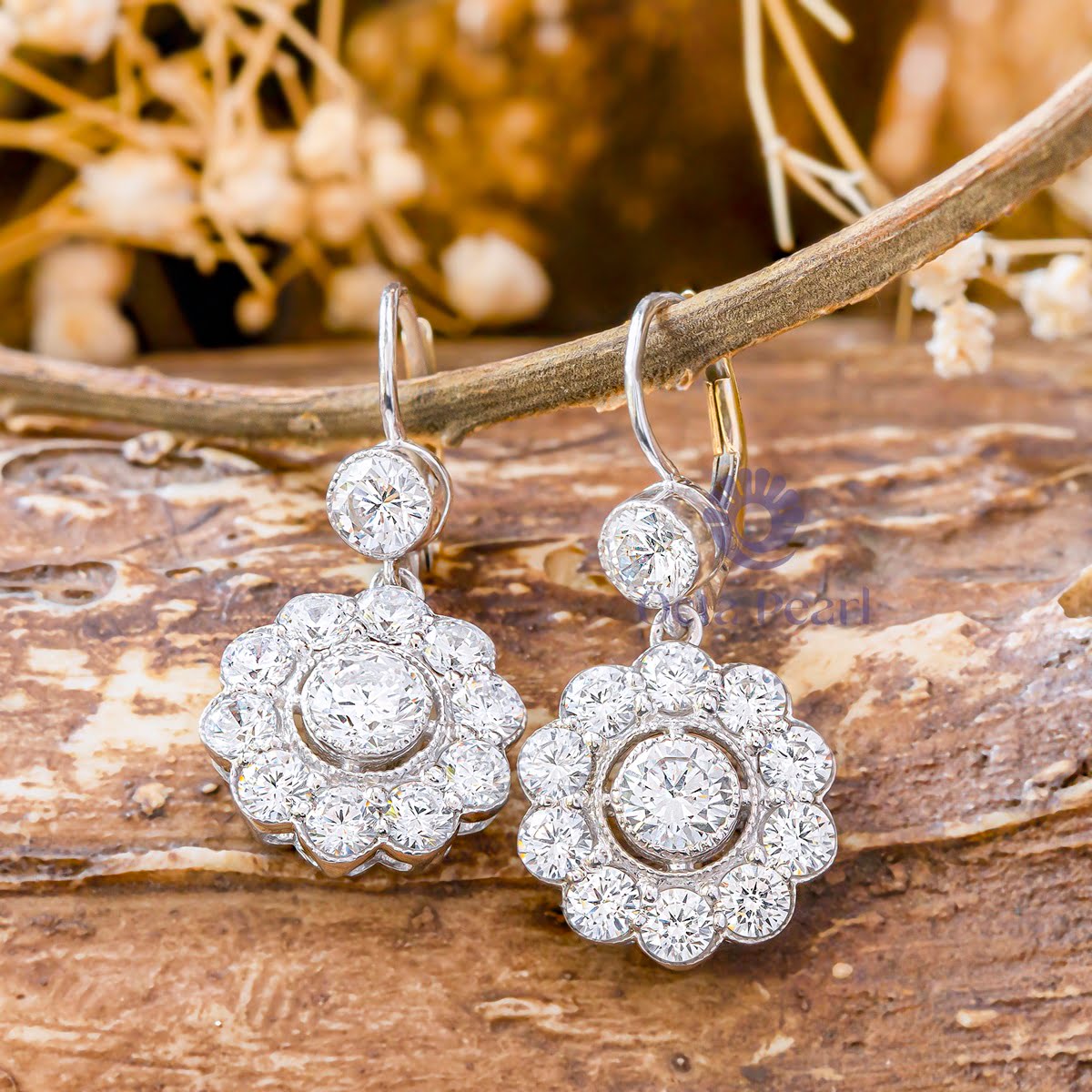 Two Tone Round Cut Moissanite Floral Inspire Earlobe Lever Back Drop Dangle Earring (4 1/4 TCW)