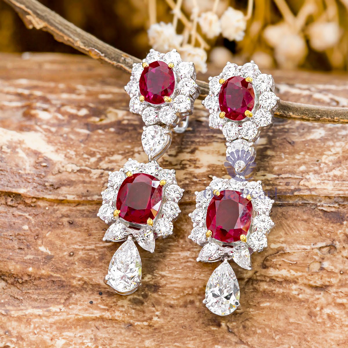 Red Garnet Oval & Cushion CZ Stone Floral Inspire Halo Drop Dangle Earring For Party Wear (11 5/8 TCW)