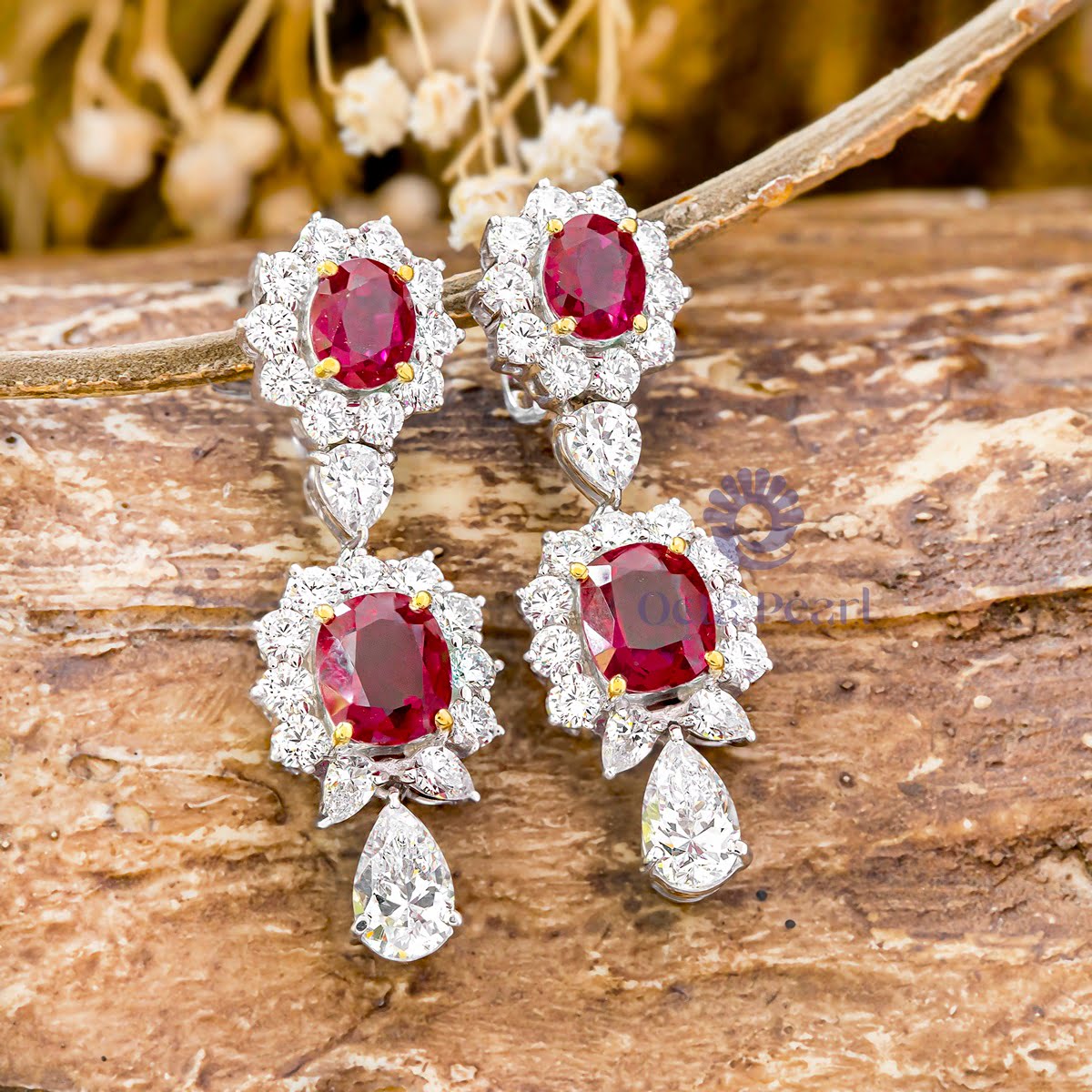 Red Oval & Cushion CZ Stone Floral Inspire Halo Drop Dangle Earring For Party Wear (11 5/8 TCW)