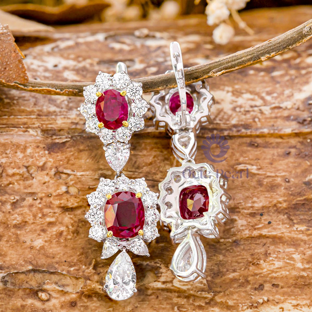 Red Oval & Cushion CZ Stone Floral Inspire Halo Drop Dangle Earring For Party Wear (11 5/8 TCW)