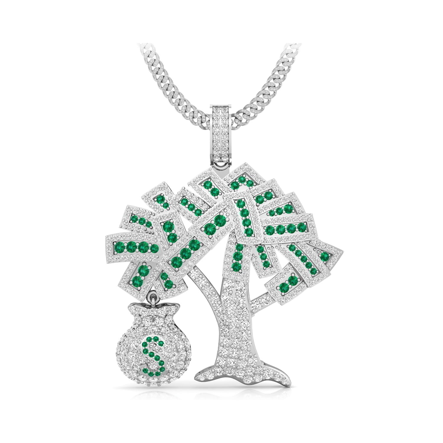 Green & White Round Cut CZ Stone "Dollar Money Bag Growing Tree" Handmade Charm Pendant For Men & Women (3 1/6 TCW)