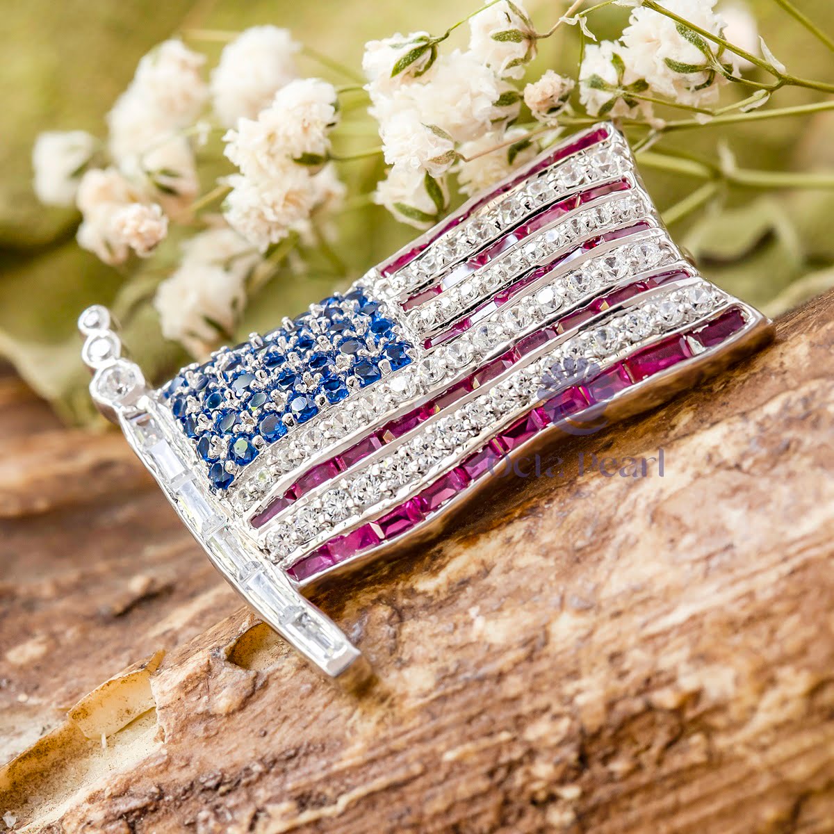 Round And Baguette Cut CZ Stone America Patriotic Flag Brooch (1 1/4 TCW)