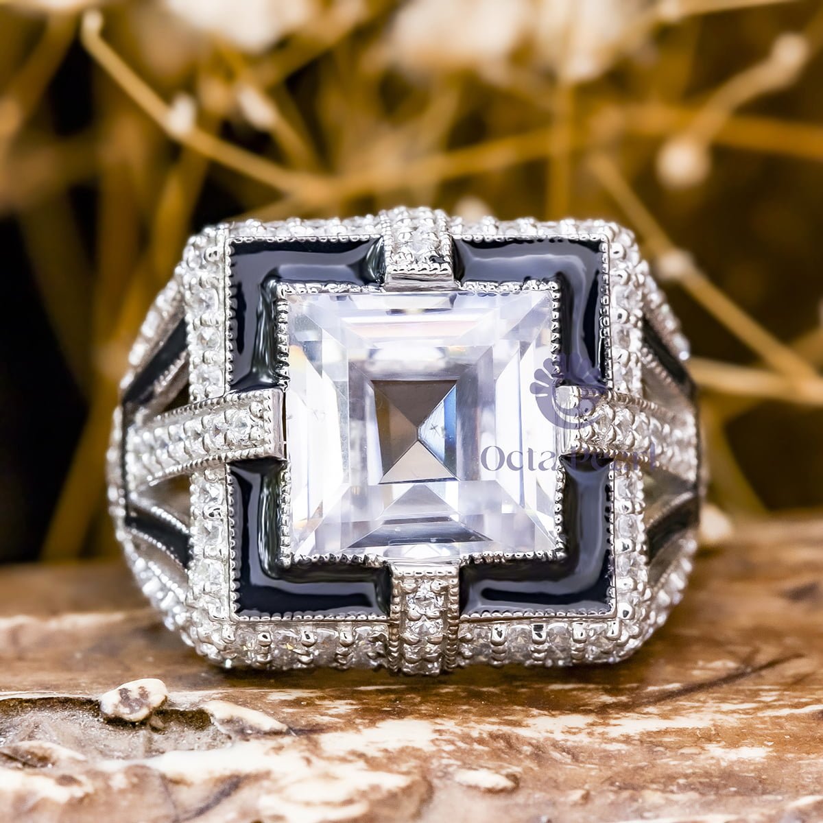Princess Cut CZ Stone Art Deco Black Enamel Vintage Look Ring