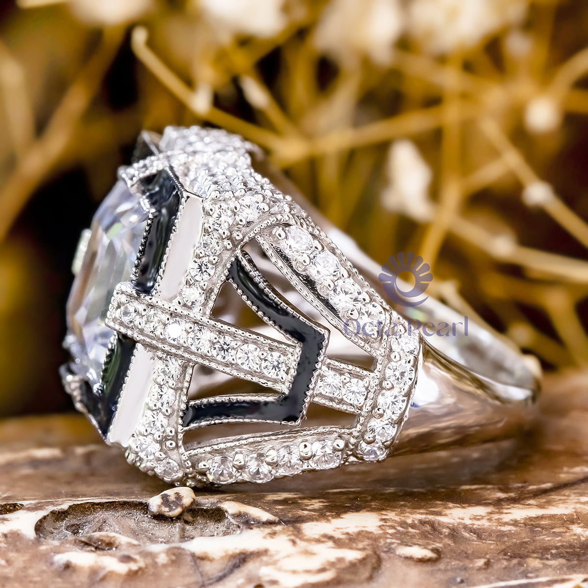 Princess Cut CZ Stone Art Deco Black Enamel Vintage Look Ring For Women (6 2/7 TCW)