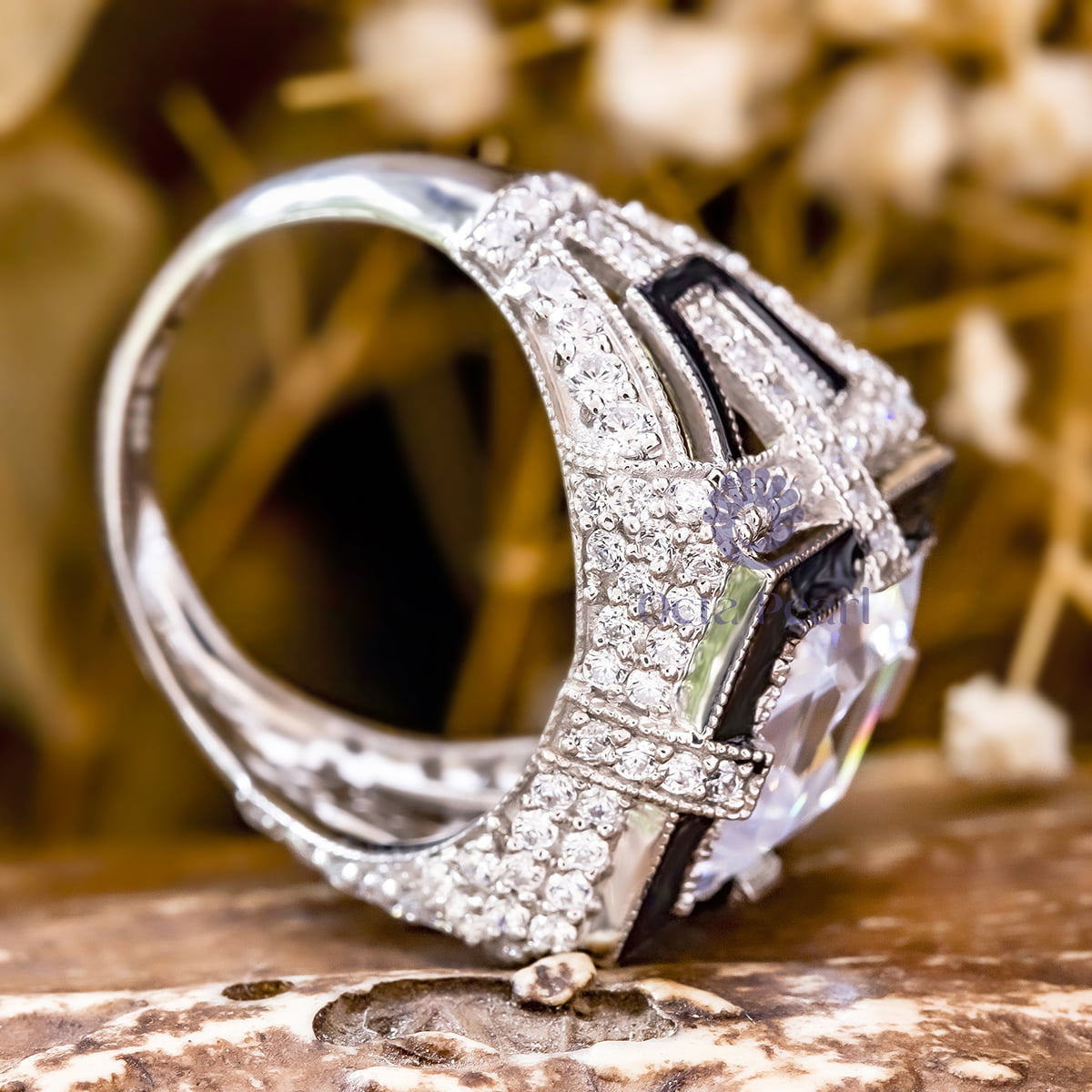 Princess Cut CZ Stone Art Deco Black Enamel Vintage Look Ring For Women (6 2/7 TCW)
