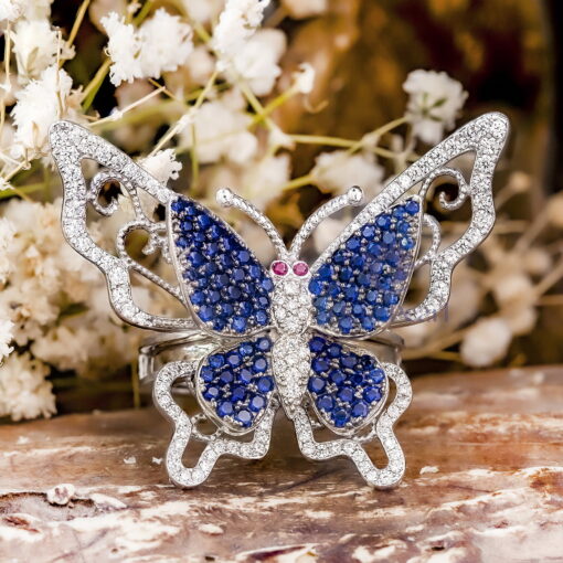 Blue Sapphire & Red Round Cut CZ Stone Cocktail Enhancer Party Wear Butterfly Ring Set