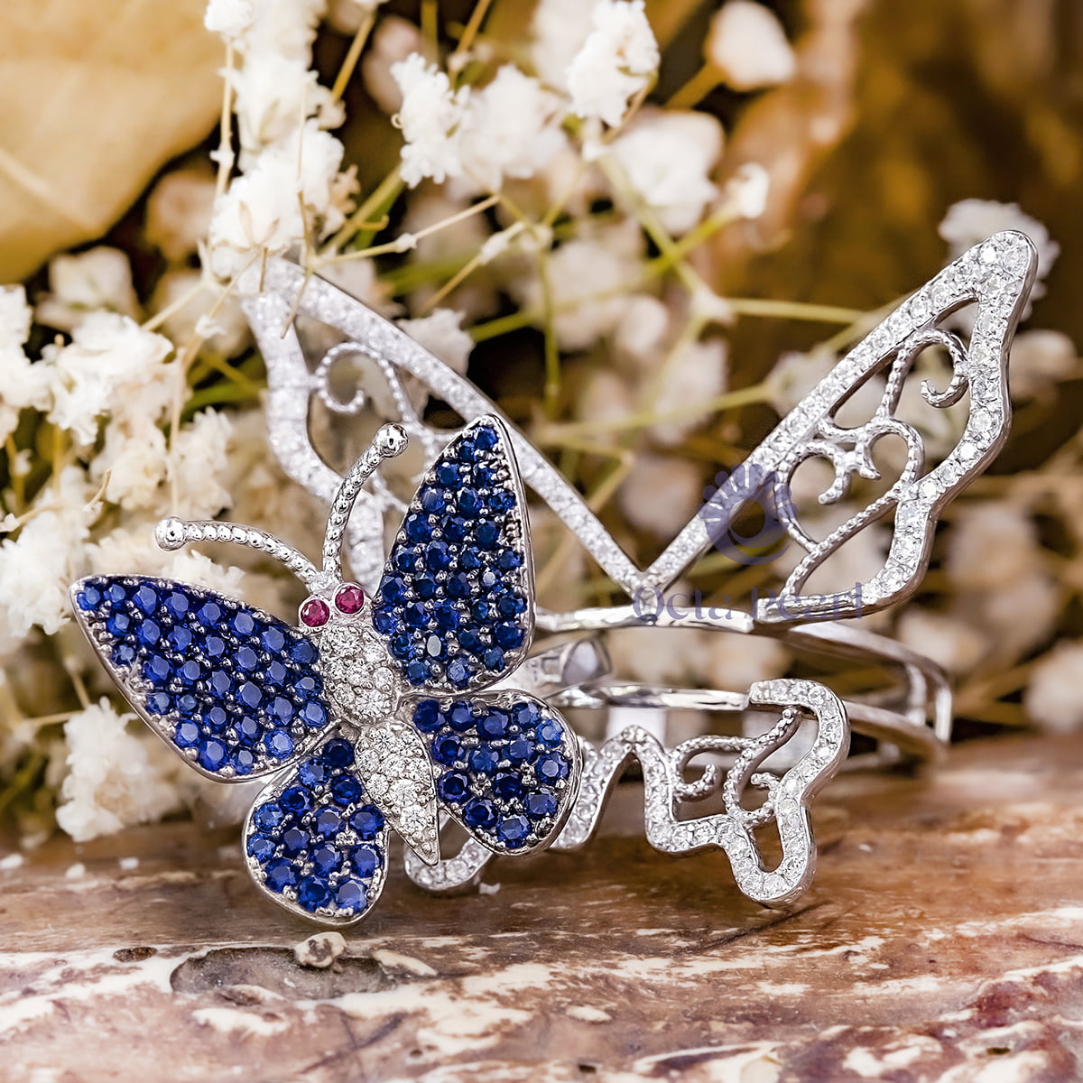 Blue Sapphire & Red Round Cut CZ Stone Cocktail Enhancer Party Wear Butterfly Ring Set (2 4/9 TCW)