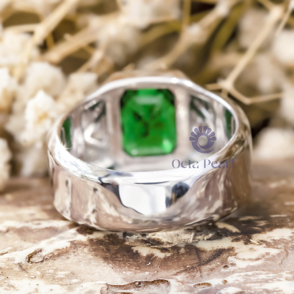 Green Emerald And Triangle Cut CZ Three Stone Bezel Set Office Wear Men's Ring (4 4/5 TCW)