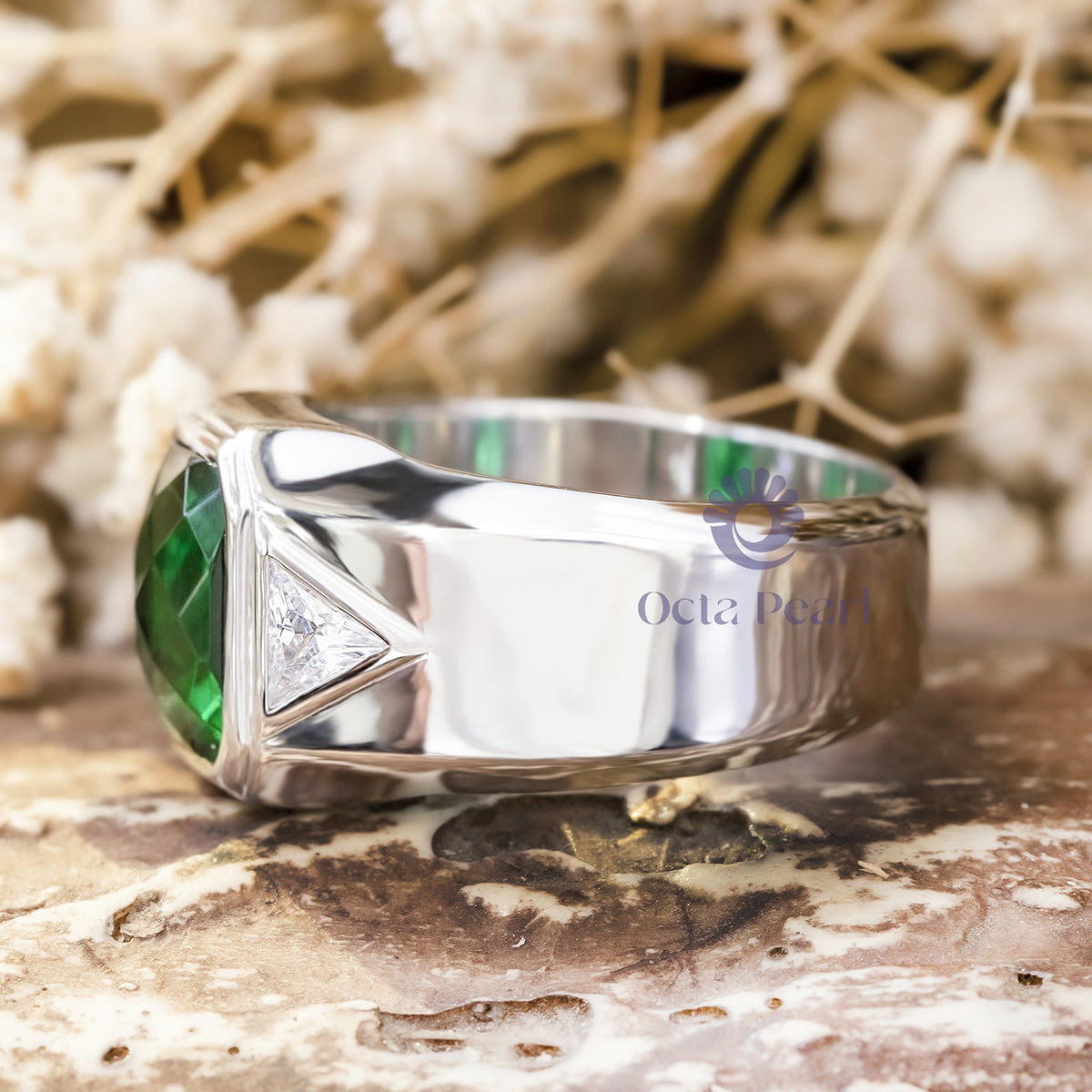 Green Emerald And Triangle Cut CZ Three Stone Bezel Set Office Wear Men's Ring (4 4/5 TCW)