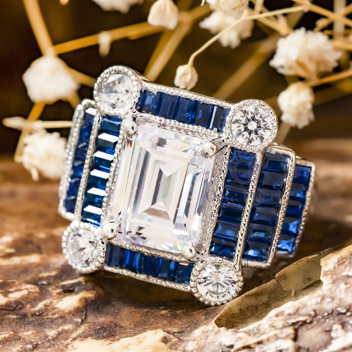 Emerald & Blue Baguette Cut CZ Stone Vintage Bezel Set Milgrain Style Wedding Ring (5 1/5 TCW)