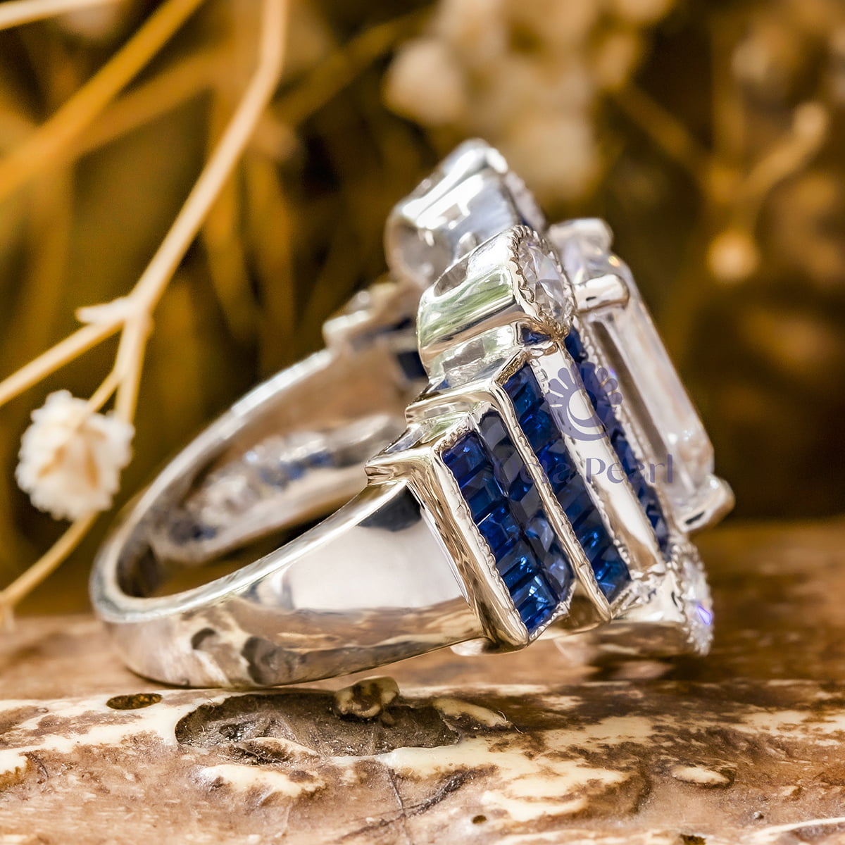 Emerald & Blue Baguette Cut CZ Stone Vintage Bezel Set Milgrain Style Wedding Ring (5 1/5 TCW)