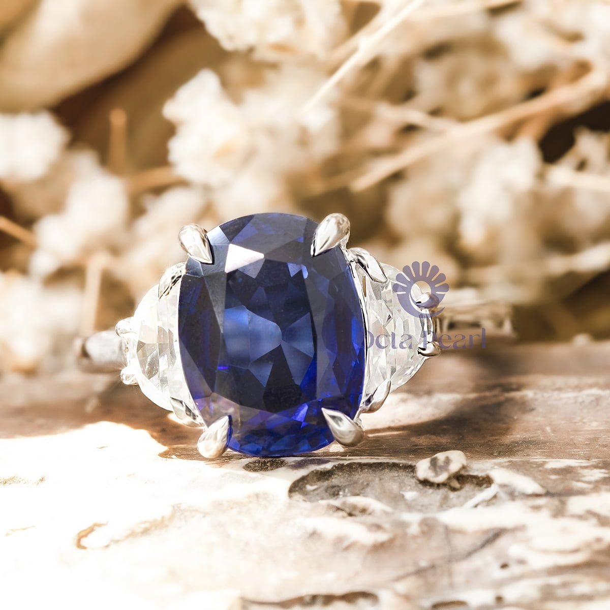 Blue Sapphire Cushion & Half Moon Cut Three Stone Handmade Ring For Women