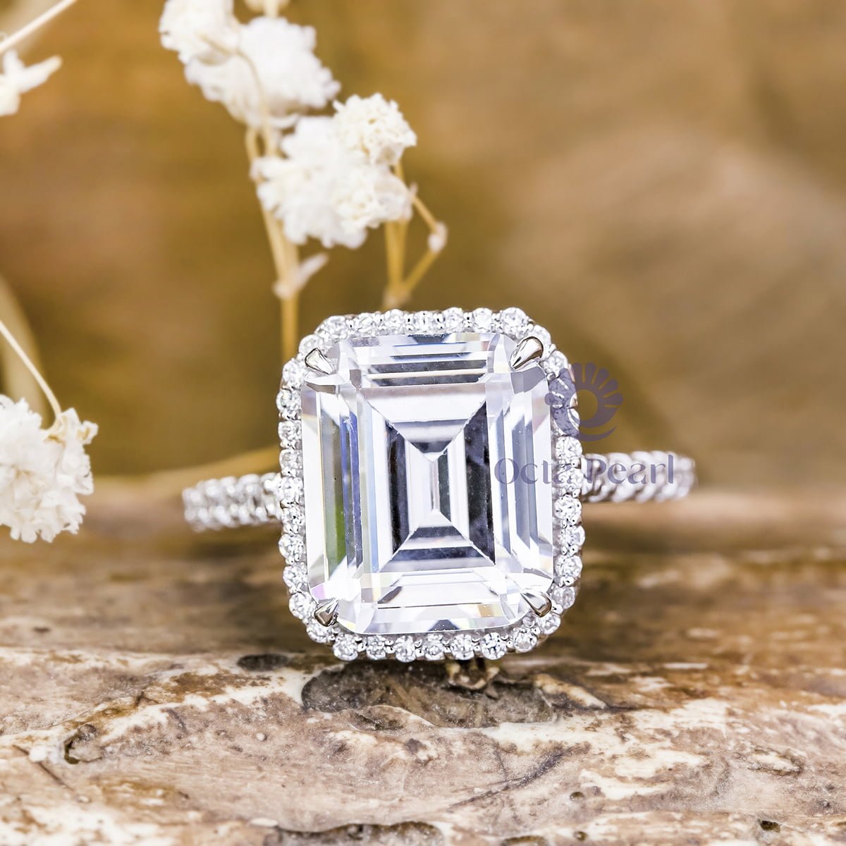 Solitaire With Accent Emerald Cut Moissanite Halo Set Engagement Ring