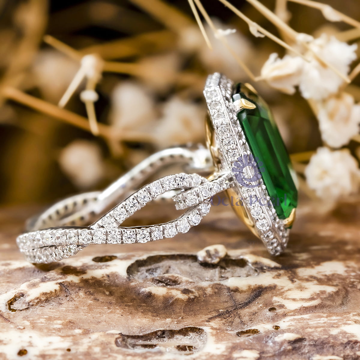 Green Emerald Cut Halo Set Cubic Zirconia Twisted Shank Gemstone Ring For Women (6 1/10 TCW)