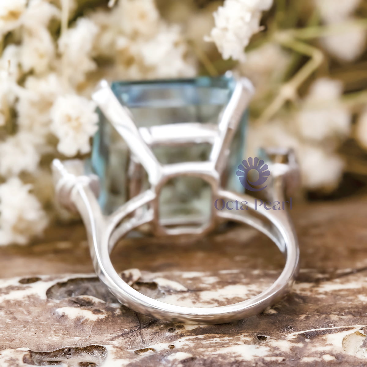 Square Aquamarine Wedding Ring with 3 Cz Stones