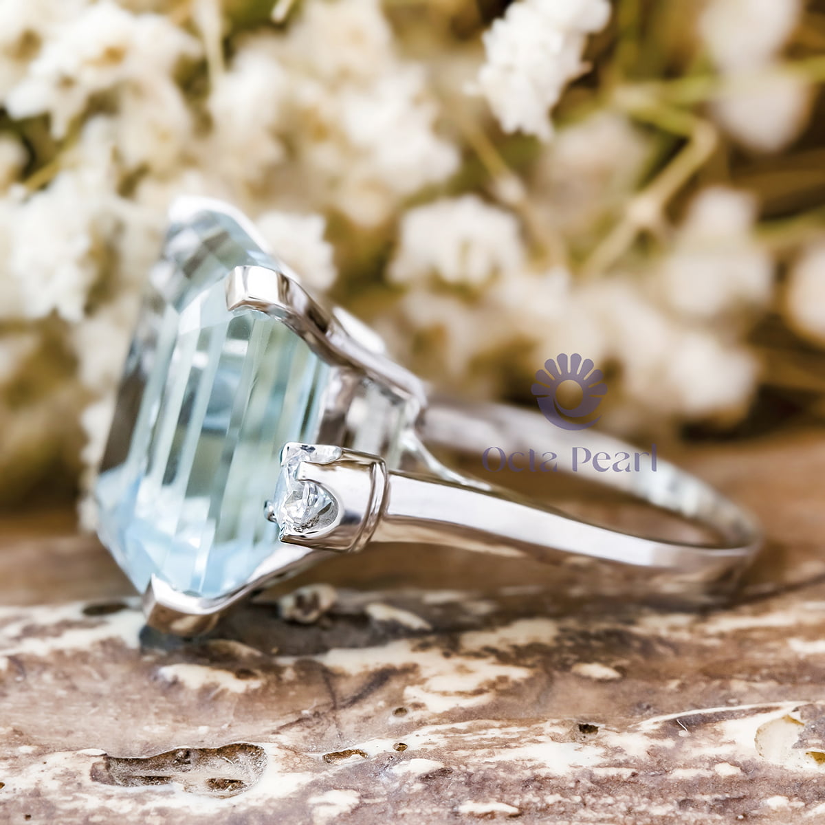 Aqua Emerald And Round Cut CZ Three Stone Wedding Ring For Women (14 2/5 TCW)