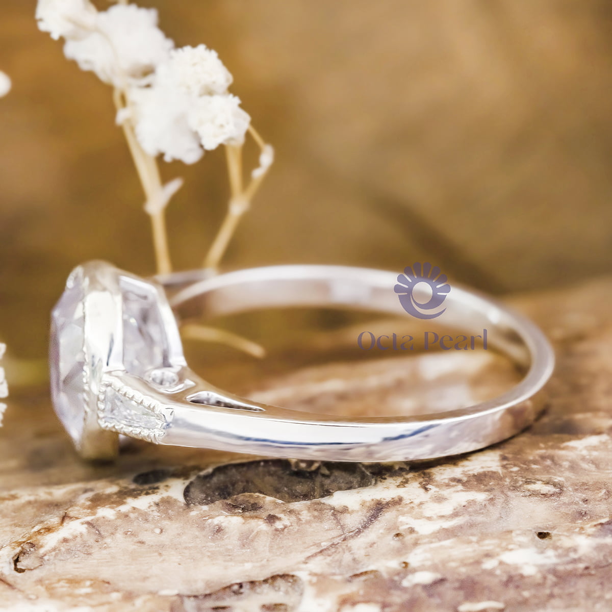 Bezel Set 3 Stone Art Deco Engagement Ring