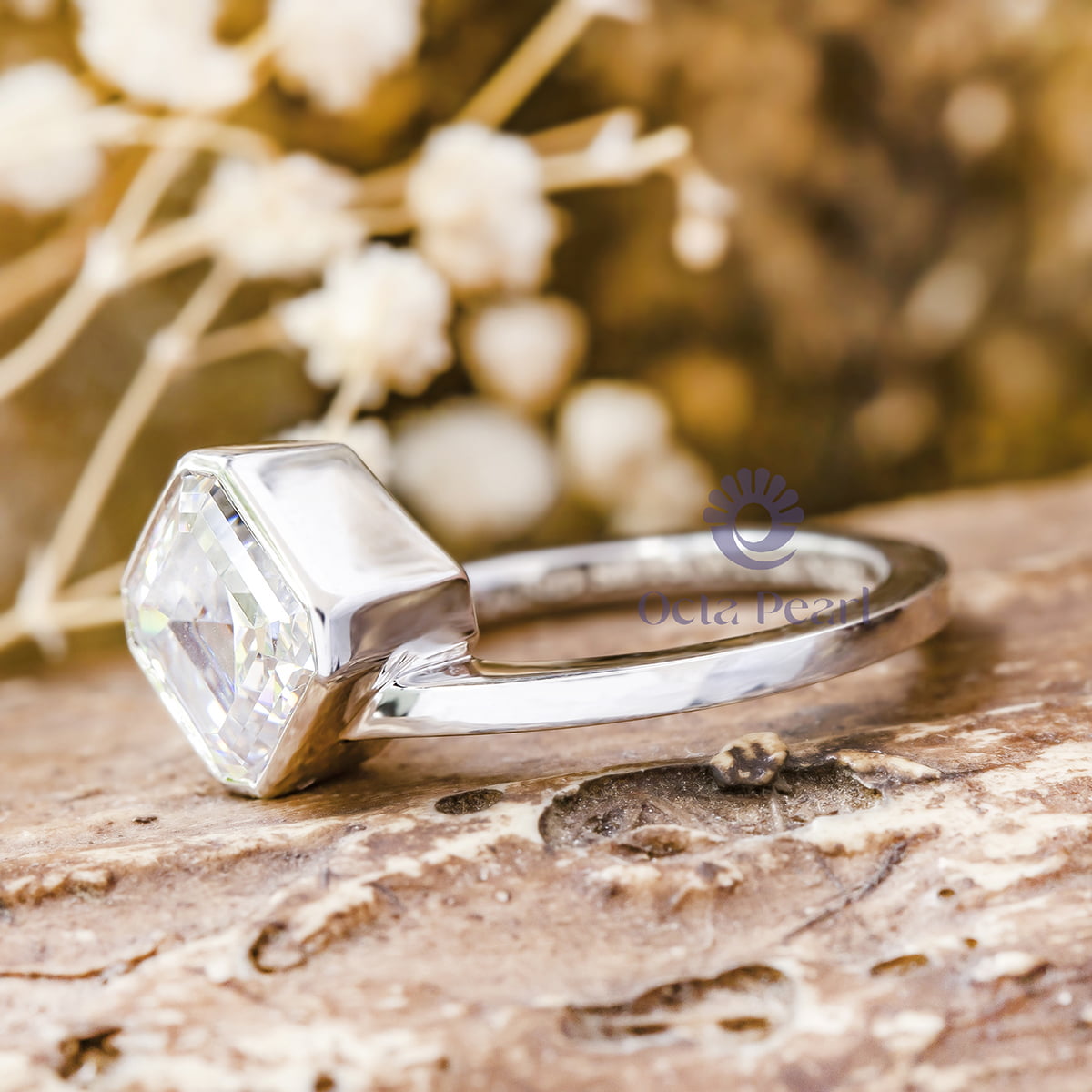 3.00Carat Asscher Cut Moissanite Bezel Set Solitaire Engagement Ring For Bridal