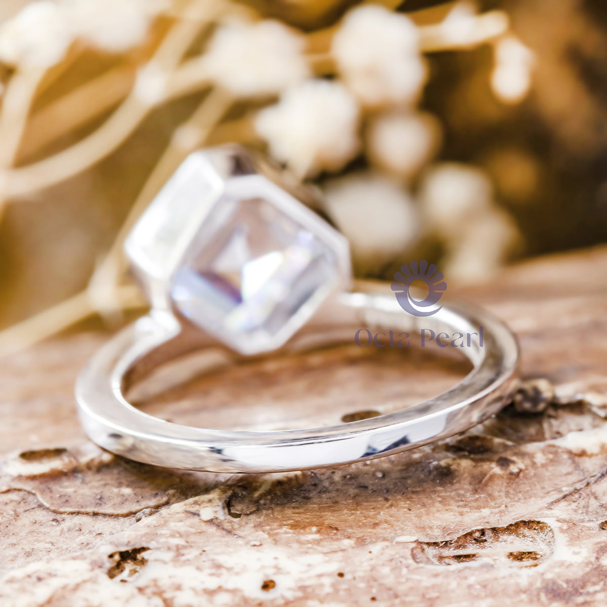 3.00Carat Asscher Cut Moissanite Bezel Set Solitaire Engagement Ring For Bridal