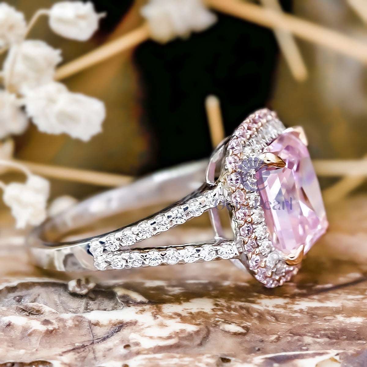 Light Pink Cushion Cut CZ Stone Double Halo Split Shank Solitaire Accent Ring (3 7/20 TCW)