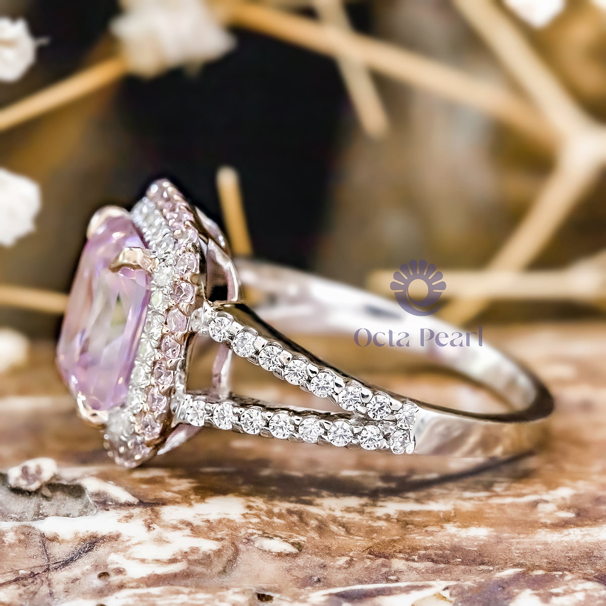 Light Pink Cushion Cut CZ Stone Double Halo Split Shank Solitaire Accent Ring (3 7/20 TCW)
