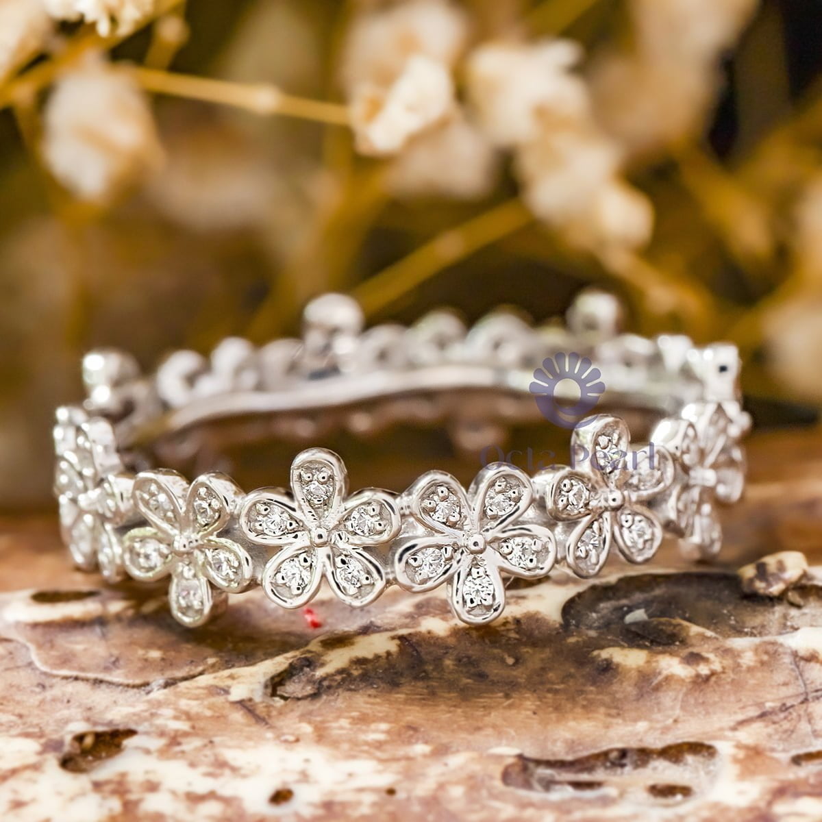 Round Cut Moissanite Daisy Floral Inspire Wedding Band Ring