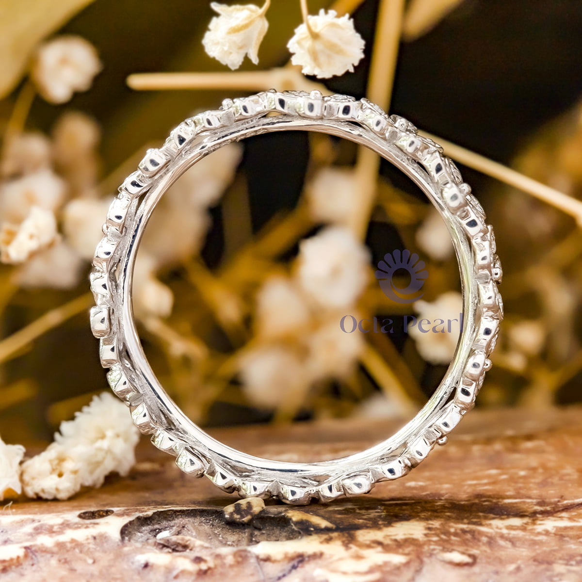Round Cut Moissanite Daisy Floral Inspire Wedding Band Ring