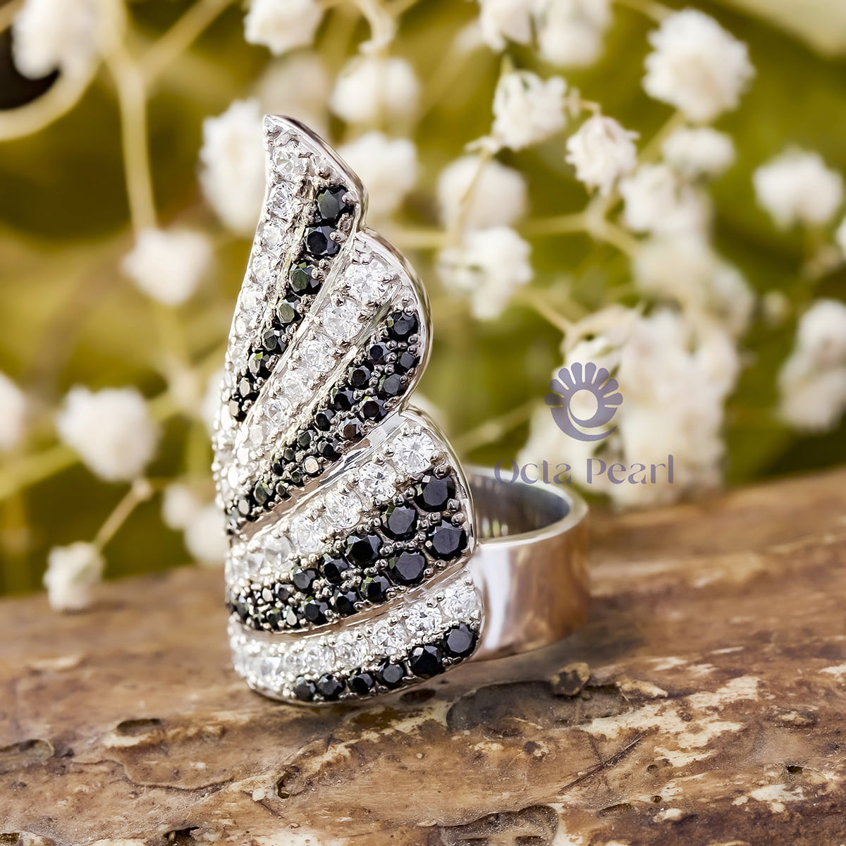 Black & White Round Cut CZ Stone Feather Inspired Cocktail Pave Set Party Wear Ring (3 2/10 TCW)
