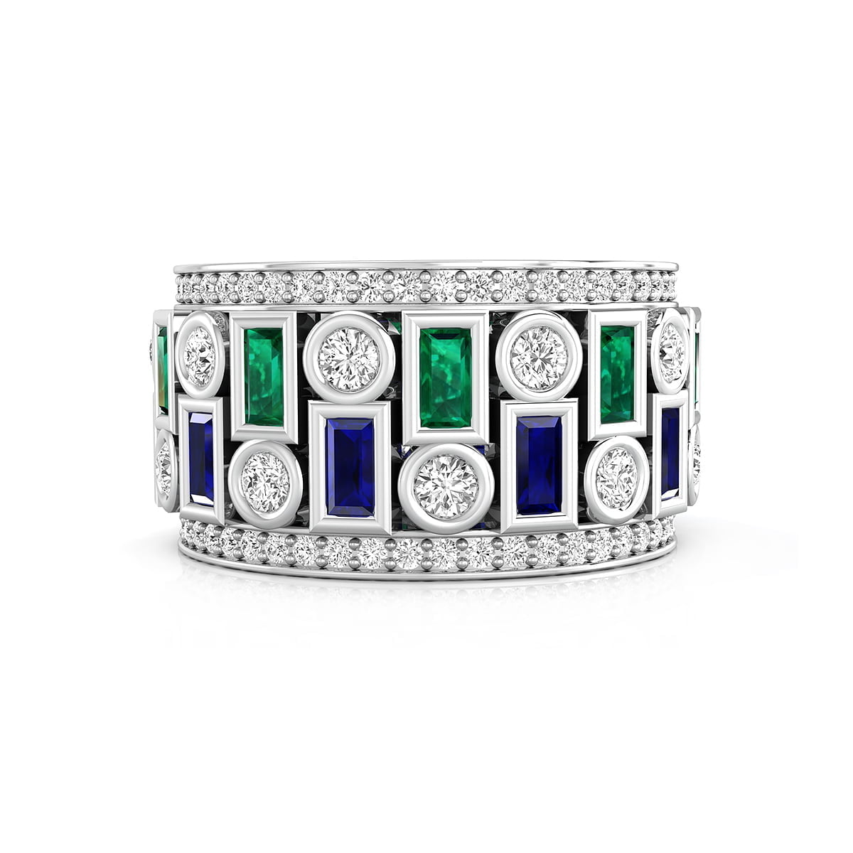 Green, Blue Baguette & White Round Cut CZ Stone Full Eternity Party Wear Band For Unisex