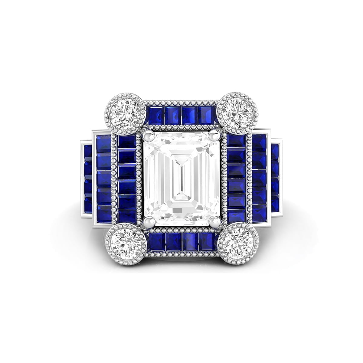 Emerald & Blue Baguette Cut CZ Stone Vintage Bezel Set Milgrain Style Wedding Ring